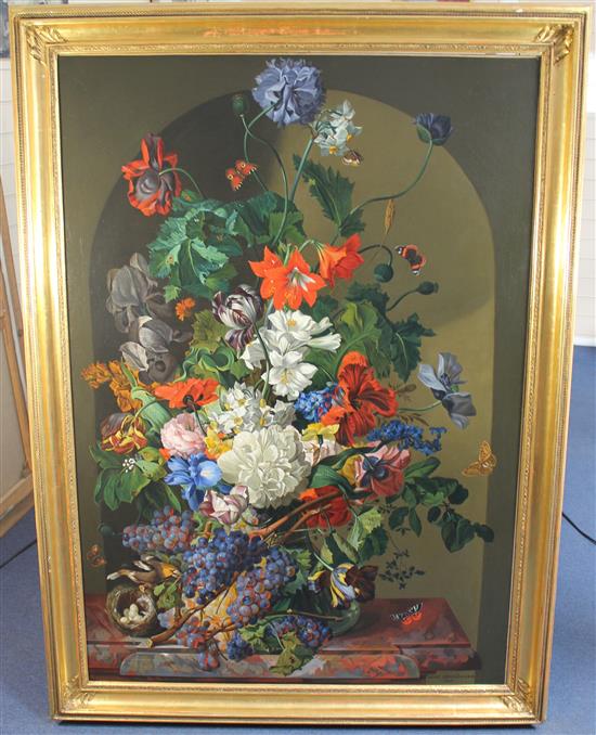 Leopold Zinnogger (Austrian, 1811-1872) Still life of flowers, fruit, butterflies and birds nest upon a marble ledge, 53 x 37in.